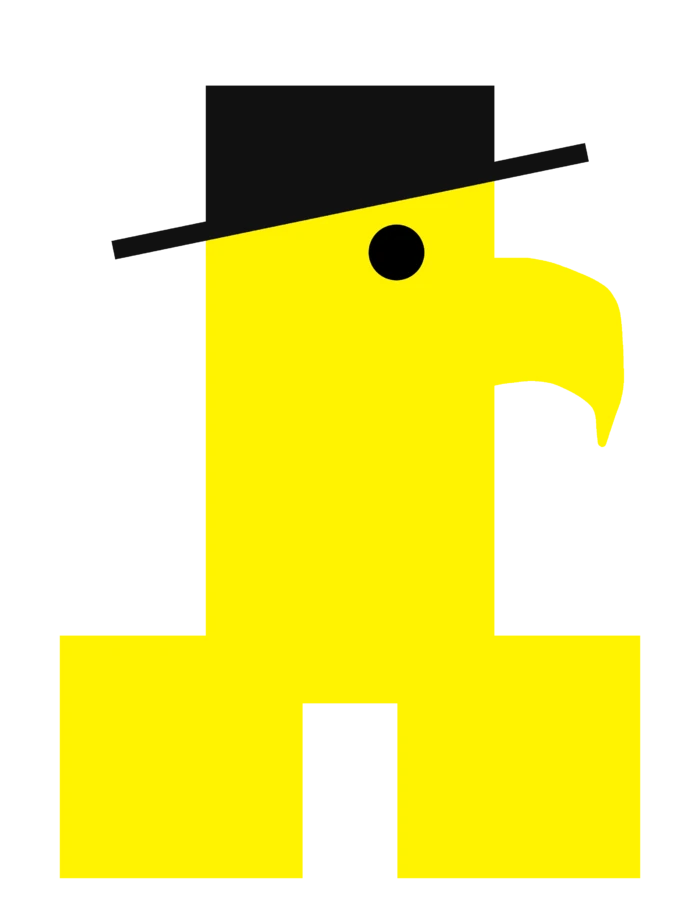 A yellow bird-like creature with the silhouette of a Minecraft Creeper wearing a tophat.